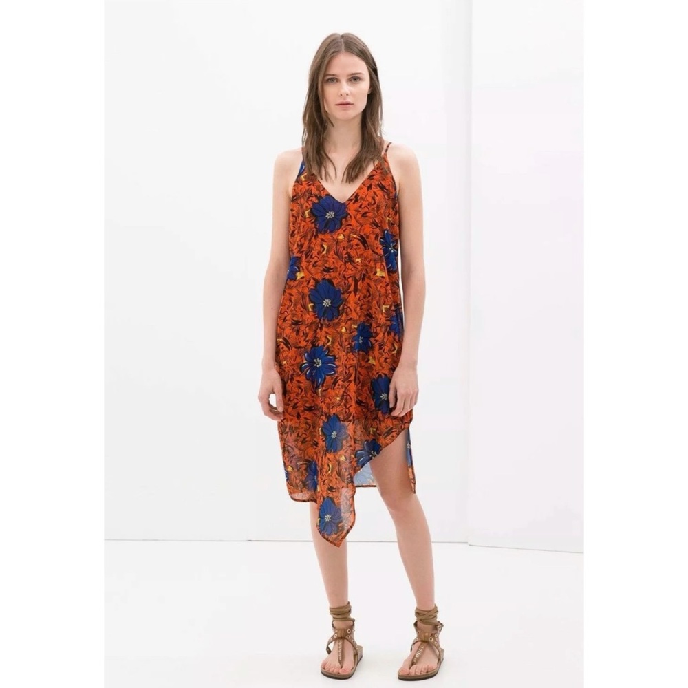 Zara Orange floral asymmetric sleeveless dress